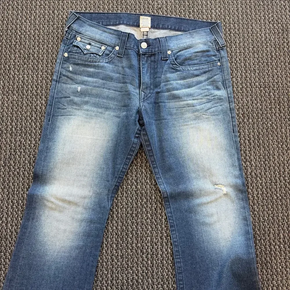 True Religion Boot Cut Denim Jeans Mens Faded Distressed Flap Pocket USA 38x34